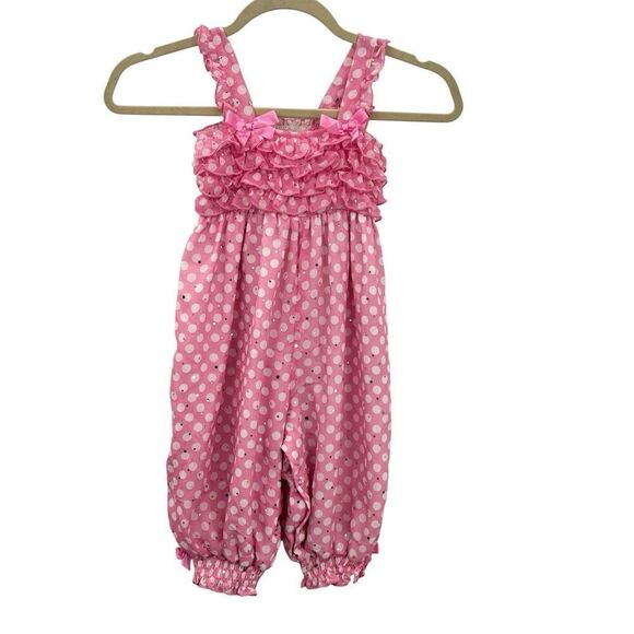 Bonnie Jean Baby Girls 4T Coral Sparkle Polka Dot Chiffon Romper, Coral, - Picture 1 of 9